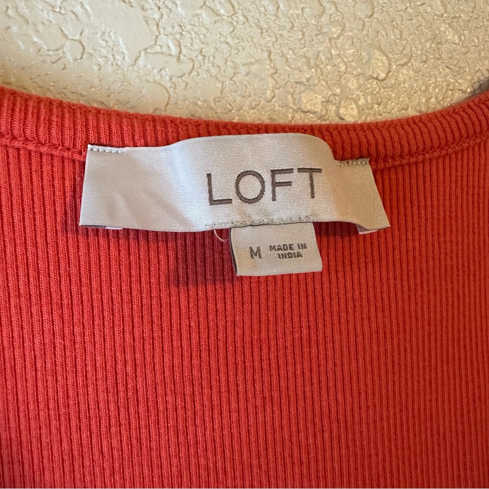 LOFT Ribbed Flutter Sleeve Mixed Media Top - Bright Paprika - Size M - Picture 4 of 6